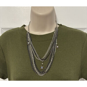 Multi Layered Silver Tone Chain Necklace Rhinestone Whimsigoth Fairy Goth Witchy